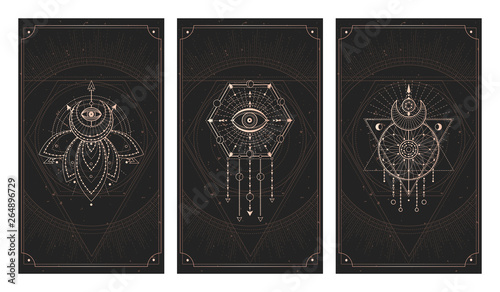 Vector set of three dark backgrounds with geometric symbols, grunge textures and frames. Abstract geometric symbols and sacred mystic signs drawn in lines.