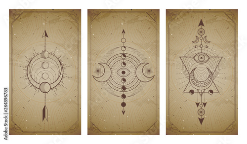 .Vector set of three vintage backgrounds with geometric symbols and frames. Abstract geometric symbols and sacred mystic signs drawn in lines.