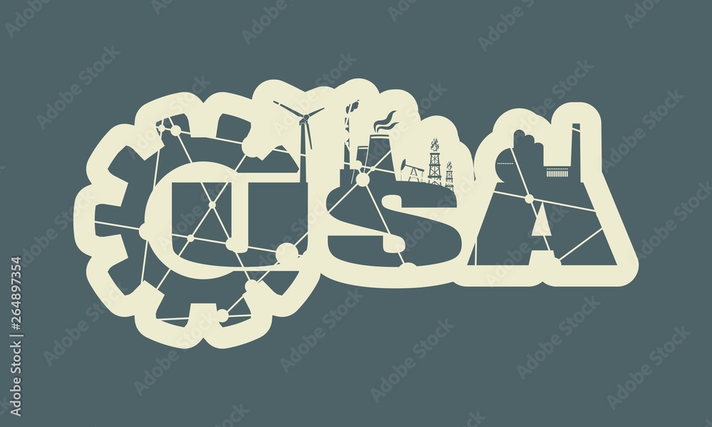 Energy and Power icons. Sustainable energy generation and heavy industry. USA word decorated by gear. Connected lines with dots Energy and Power icons. Sustainable energy generation and heavy industry. USA word decorated by gear. Connected lines with dots