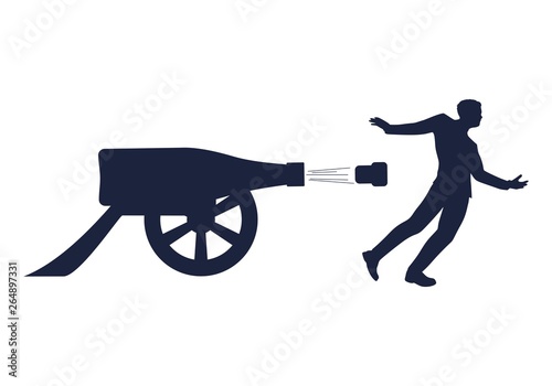 Drunkard young businessman walking. Wine bottle cannon shoot. Social problem concept