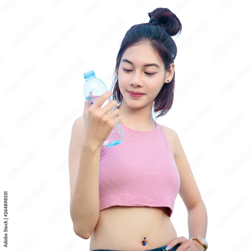 Asian woman showing a bottle of water on white background. Asian woman showing a bottle of water on white background.