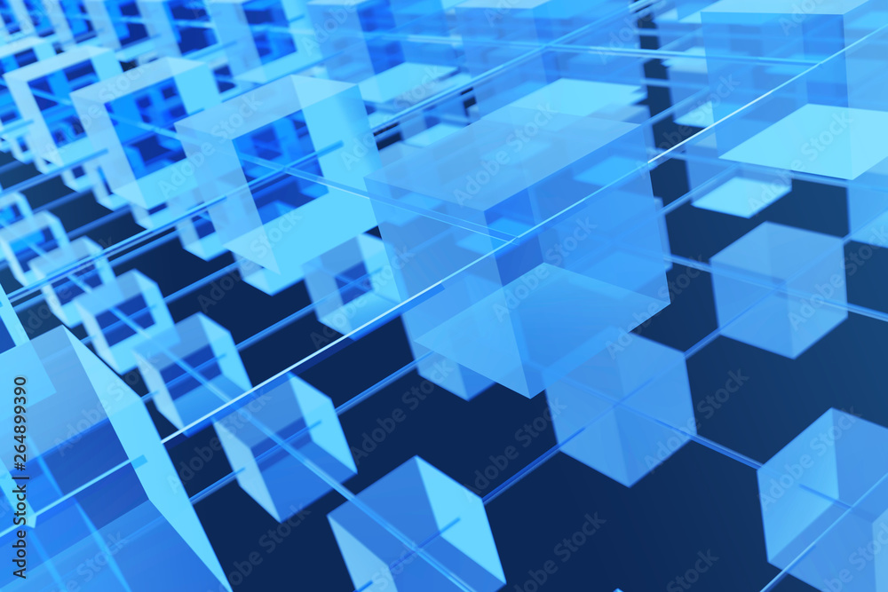 Blockchain concept 3d rendering with blue cubes and chains stands.as cryptocurrency digital code chain. Blockchain concept 3d rendering with blue cubes and chains stands.as cryptocurrency digital code chain.