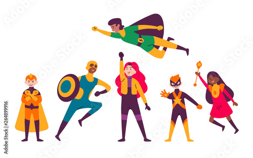Multiracial kids wearing costumes of different superheroes.