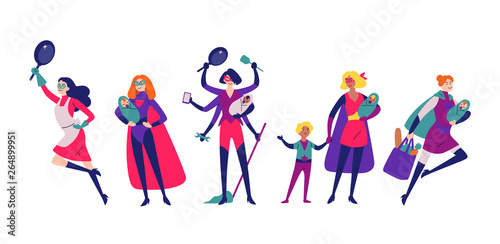 Women in superhero costumes do housework, cleaning, and raising children.