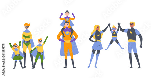 Parents and kids, boy and girl playing superheroes, dressed in super hero costumes