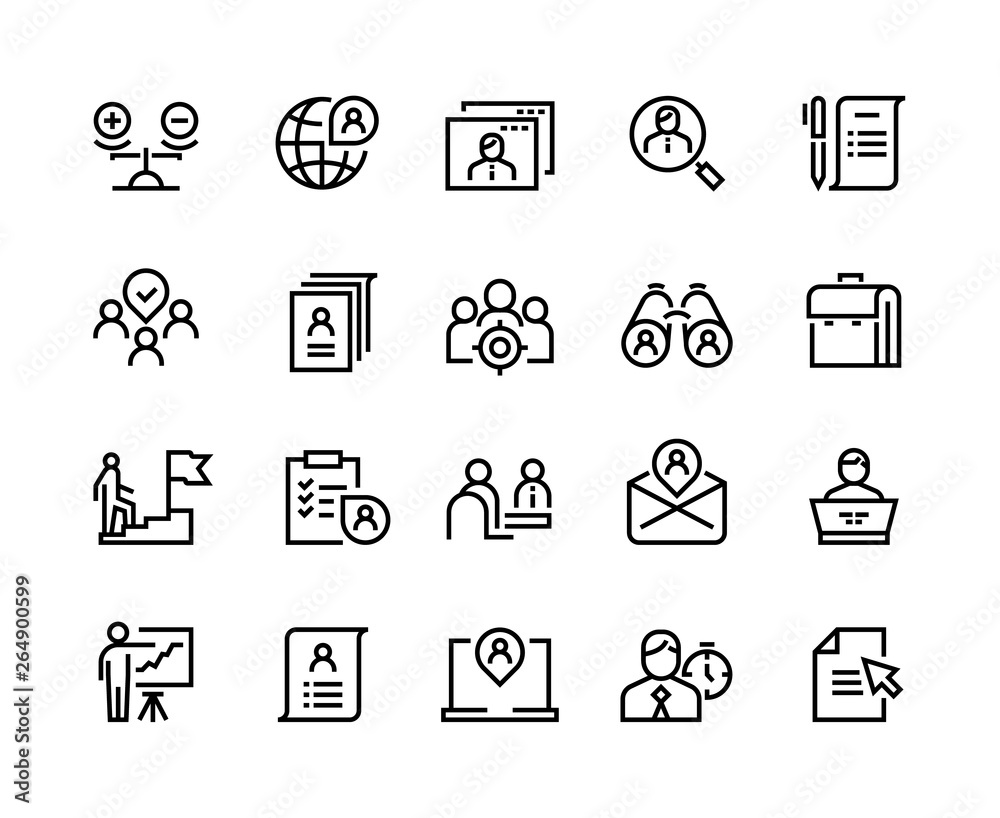 Head hunting line icons. Job interview career candidate company human resources people search. Corporate professional business team vector set