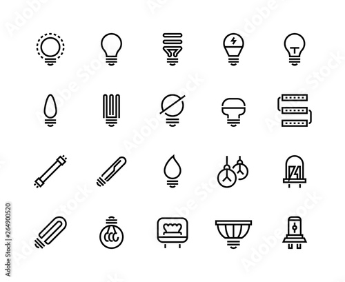 Light bulb line icons. Business idea energy efficient creative drawing think electric lamp glow power efficiency. Technology ideas vector set