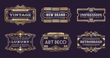 Art deco labels. Vintage ornamental logos, 1920s vintage golden badge, nouveau decorative banners. Vector art deco emblems illustration