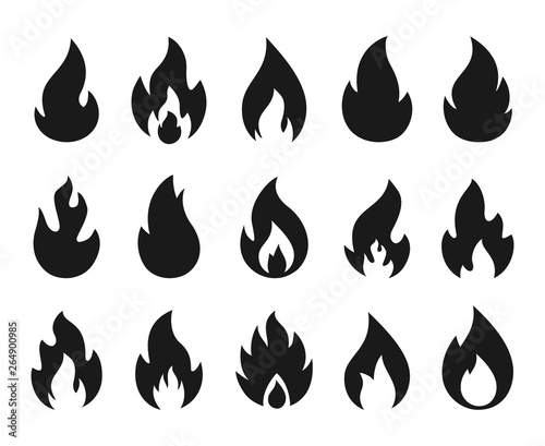 Fire icons. Burning flame silhouette logos, simple fire symbols for hot sauce and kitchen grill. Vector fire energy graphic art templates set