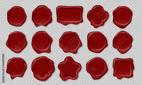 Wax stamp. Old embossed envelope label, heart triangle round royal medieval mockup cartoon shapes. Vector realistic candle wax seals