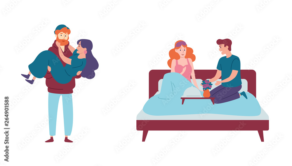 Romantic happy couples having breakfast in bed, man holding woman in his hands.