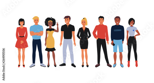 Cartoon employee team. Office workers group, happy young people smiling men and women standing together. Vector illustration team students and workers