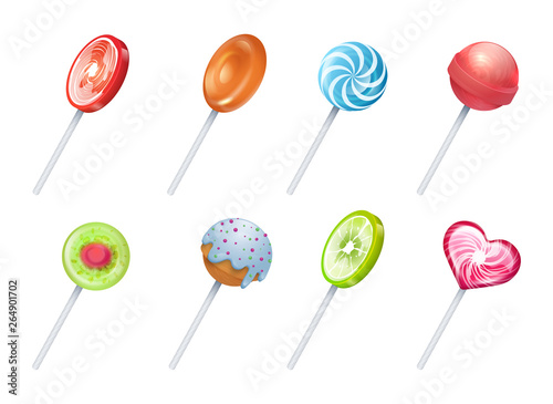 Lollipops. Sweet lolly candies, round and spiral confectionery, holiday desserts and sugar food on stick. Vector illustration sucker marshmallow set