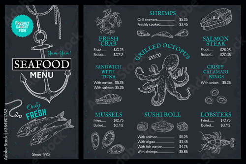 Seafood sketch menu. Doodle fish restaurant brochure, vintage cover with lobster crab salmon. Vector marine food poster templates photo