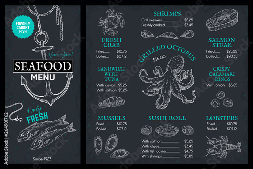 Seafood sketch menu. Doodle fish restaurant brochure, vintage cover with lobster crab salmon. Vector marine food poster templates