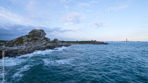 Panoramic view over the rocky Breton coast in the soft light of sunrise, France, Brittany, Finistere
