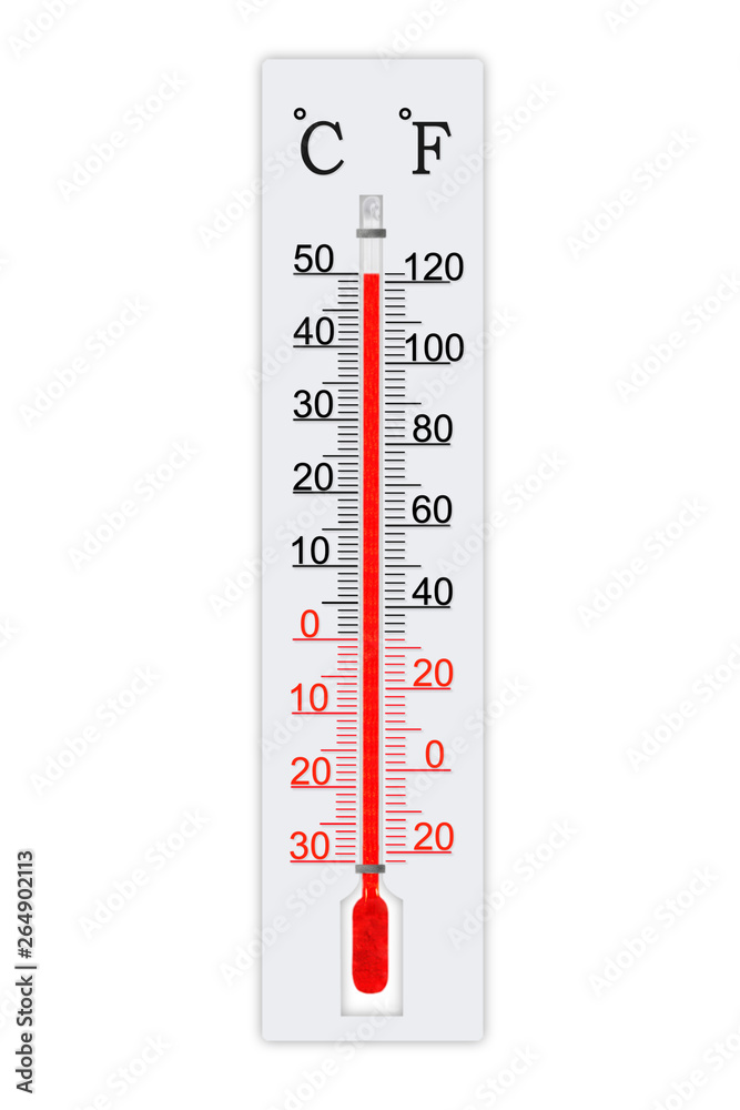 Meteorology thermometer isolated on white background. Thermometer shows air  temperature plus 50 degrees celsius Stock Photo | Adobe Stock