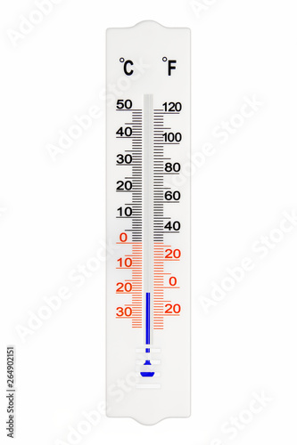 Meteorology thermometer isolated on white background. Air temperature minus 20 degrees celsius photo