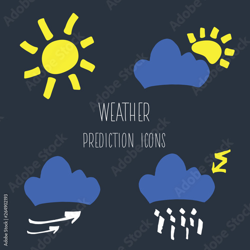 vector collection or set of weather forecast icons, for all conditions, such as: sunny, cloudy, storm, rainy, windy. Colored symbols isolated on dark background.