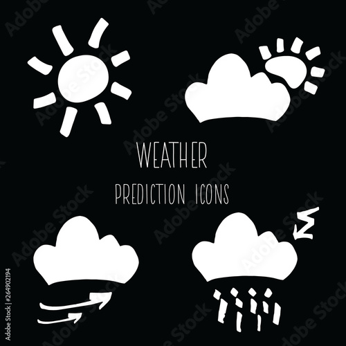 vector collection or set of weather forecast icons, for all conditions, such as: sunny, cloudy, storm, rainy, windy. White symbols isolated on black background