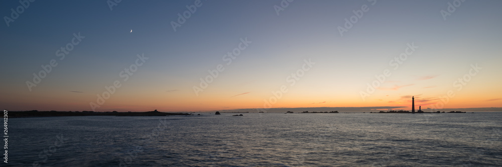 Panoramic view of Sunset at Phare de llle Vierge, France, Brittany, Department Finistere, Ile Vierge, Lighthouse