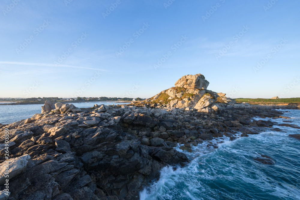 Panoramic view over the Breton landscape in the soft light of sunrise, France, Brittany, Finistere