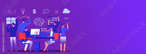 Teamwork, business team brainstorm vector copy space banner. Illustration of business teamwork, banner team concept meeting