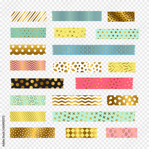 Colorful, golden washi tape strips, vector scrapbook elements. Sticker pattern ripped adhesive, tape washi label illustration