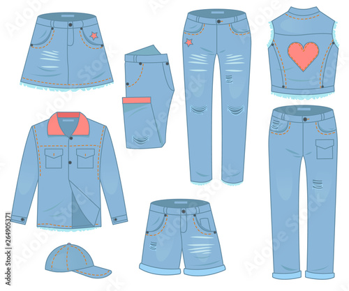 Womens clothing set of blue jeans. Fashion design urban casual style
