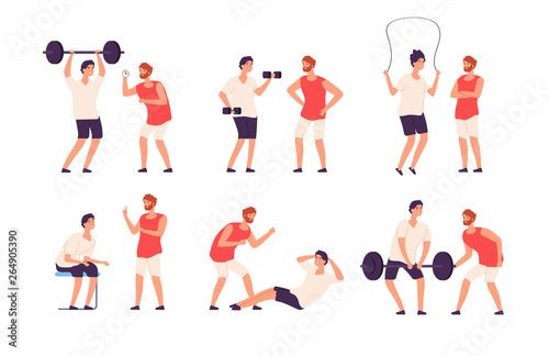 Fitness trainer. Male personal coach helps bodybuilder guy training exercising gym isolated vector set. Coach gym training, trainer fitness instructor illustration