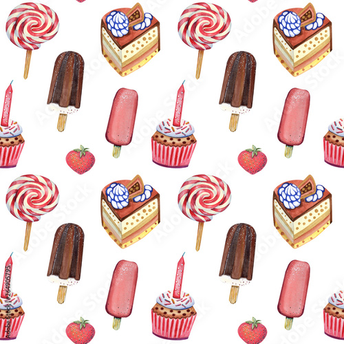 Seamless pattern with cupecake, stawberry,cake, ice cream and lollypop on a white background. Hand painted in watercolor. photo