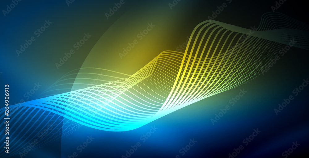 Glowing abstract wave on dark, shiny motion, magic space light. Vector techno abstract background