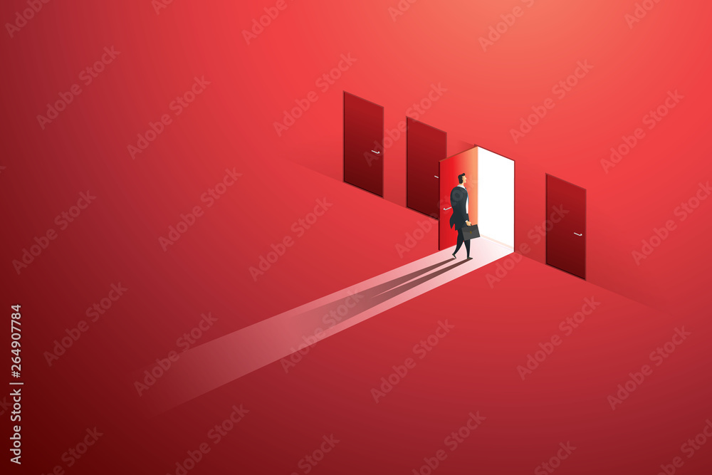 © Lerbank-bbk22 - Businessman walking open door of choice path to goal success on wall red. illustration Vector © Lerbank-bbk22 - Businessman walking open door of choice path to goal success on wall red. illustration Vector