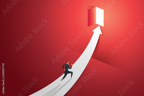Businessman running on arrow go to door in the red wall at light falls. illustration Vector