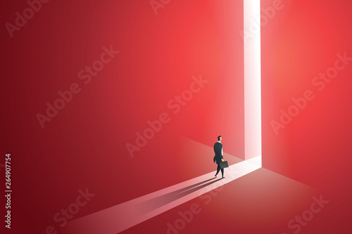 Businessman walking go to front of bright big shining door in the wall red of the hole at light falls. illustration Vector