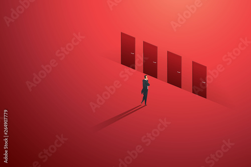 Business person standing thinking at door four of choice on wall red path to goal success. illustration Vector