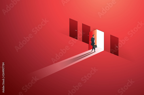 Businessman walking open door of choice path to goal success on wall red. illustration Vector photo