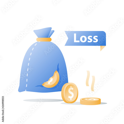 Money loss, tear in bag, money sack with hole and fallen coins, corruption concept, debt increase, lack of finance