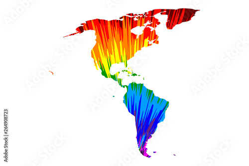 North and South America continent - map is designed rainbow abstract colorful pattern, North and Latin America map made of color explosion,