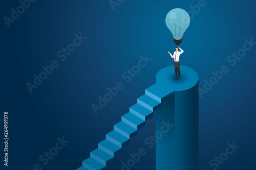 Businessman no idea standing under lightbulb turned off and not thinking creative solution. Flat isometric illustration vector