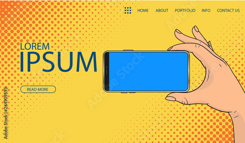 Landing page with a hand holding a smartphone in pop art style. Halftone pattern with gradients for banner, site, lending and social network covers. Vector illustration