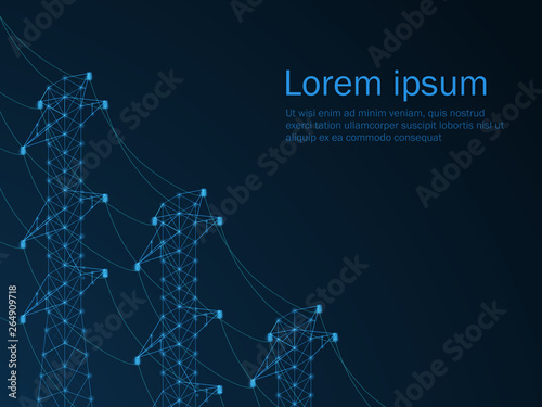 Dark background with High Voltage Power Pylon in isometric style. Steel Powerline Generator. Vector illustration 