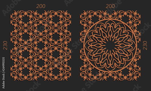 Laser cutting set. Woodcut vector trellis panels. Plywood lasercut floral design. Hexagonal seamless patterns for printing, engraving, paper cut. Stencil lattice ornaments.