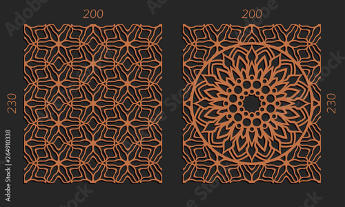 Laser cutting set. Woodcut vector trellis panels. Plywood lasercut floral design. Hexagonal seamless patterns for printing, engraving, paper cut. Stencil lattice ornaments.