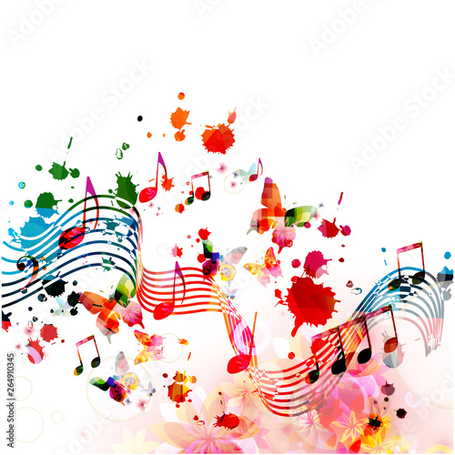 Music background with colorful music notes vector illustration design. Artistic music festival poster, live concert events, party flyer, music notes signs and symbols