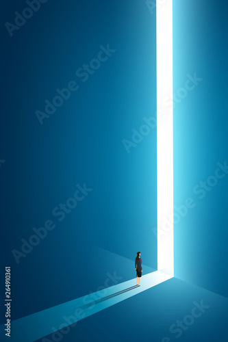 Businesswoman walking go to front of bright big shining door in the wall darke blue of the hole at light falls. illustration Vector