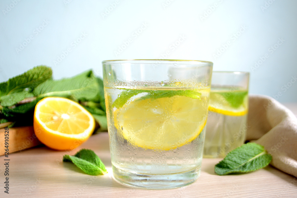 Fototapeta premium Cold refreshing lemonade with fresh mint and lemon in a glass Summer drink