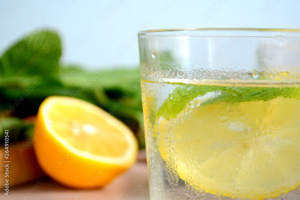 Cold refreshing lemonade with fresh mint and lemon in a glass Summer drink Cold refreshing lemonade with fresh mint and lemon in a glass Summer drink