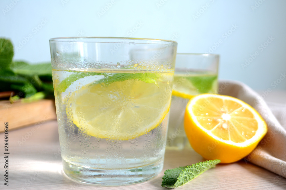 Cold refreshing lemonade with fresh mint and lemon in a glass Summer drink Cold refreshing lemonade with fresh mint and lemon in a glass Summer drink