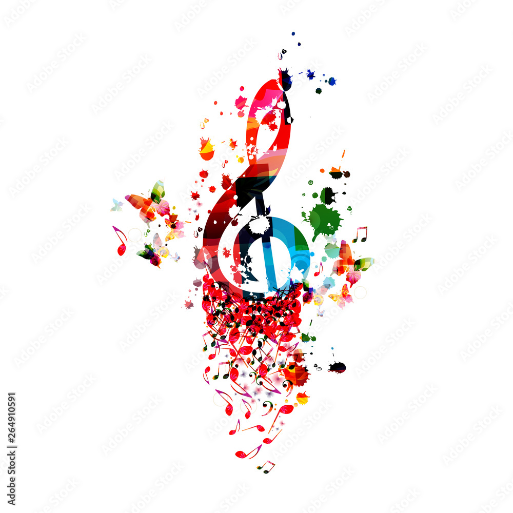 Fototapeta premium Music background with colorful G-clef and music notes vector illustration design. Artistic music festival poster, live concert events, party flyer, music notes signs and symbols